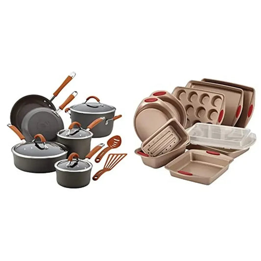 Hard Anodized Nonstick Cookware Set 12 Piece Gray Orange Handles Saucepans Stockpot Frying Pan Sauté Utensils Shatter Resistant