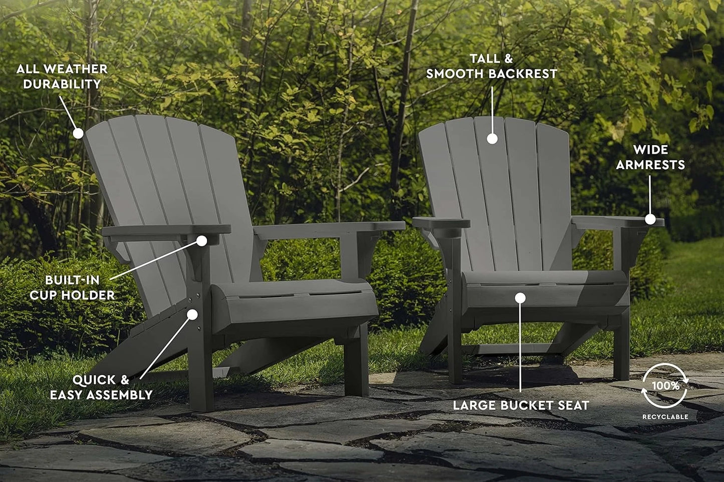 2 Pack Adirondack Resin Outdoor Chairs With Cup Holders For Beach Pool Fire Pit