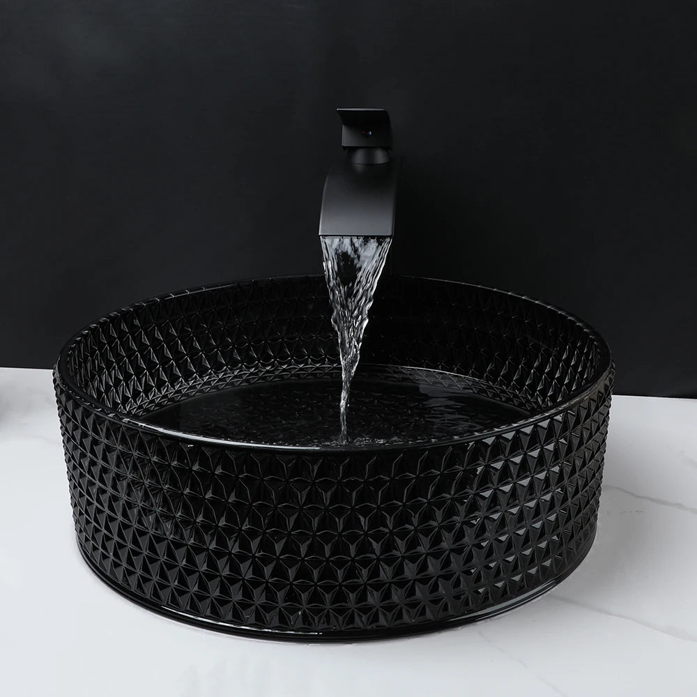 ZAPPO Black Glass Vessel Sink With Deck Mount Faucet