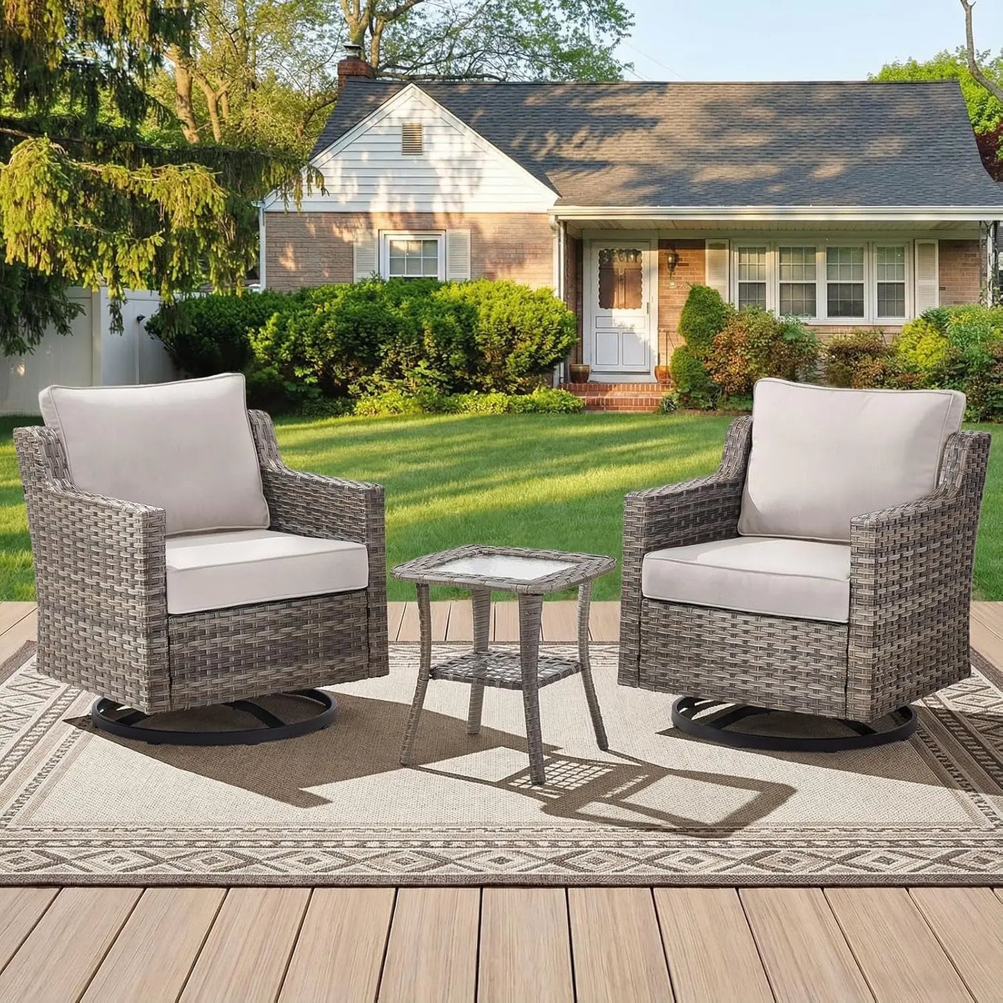 Swivel Rocker Wicker Chairs And Side Table Set All Weather Outdoor 3 Piece Beige