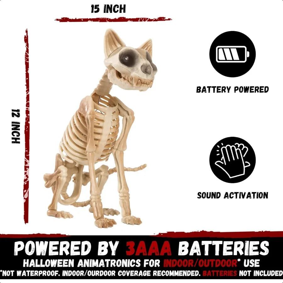 Halloween Skeleton Cat Animatronics With Sound Activation
