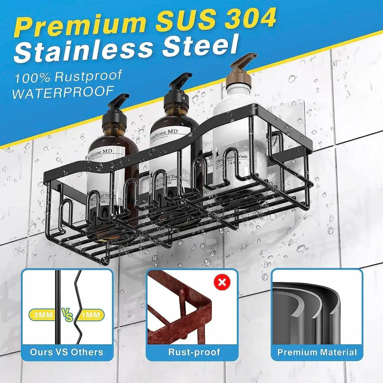 3 To 5 Pack Adhesive Shower Caddy No Drilling Rustproof Stainless Steel Bathroom