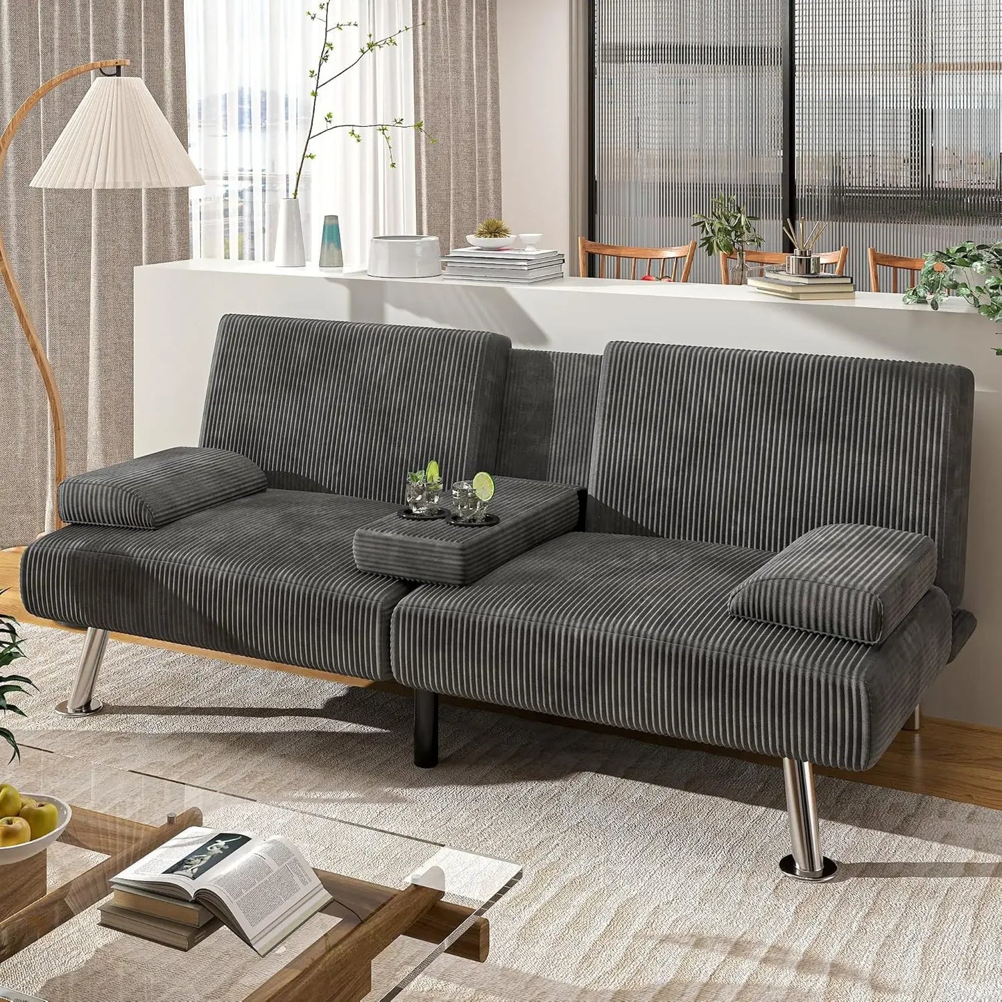 Modern Linen Upholstered Convertible Futon Sofa Cup Holders