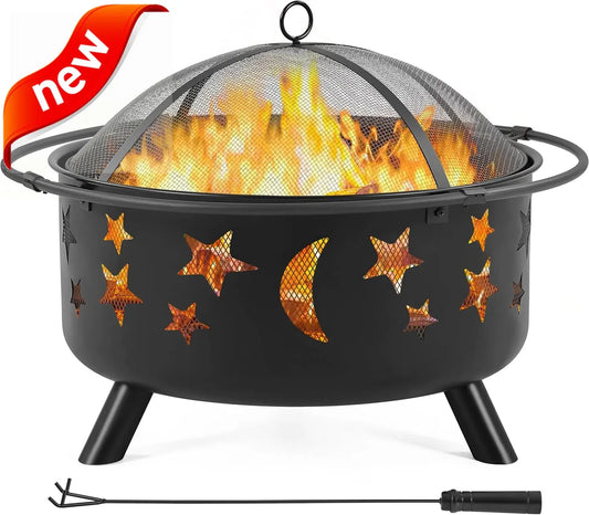30 Inch Fire Pit Outdoor Wood Burning Spark Screen Poker