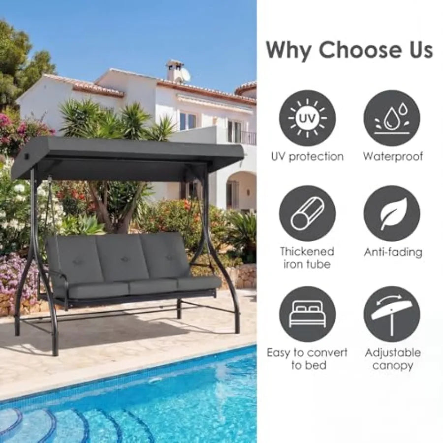 Three Seat Outdoor Patio Swing With Adjustable Canopy 2mm Steel Frame Brown