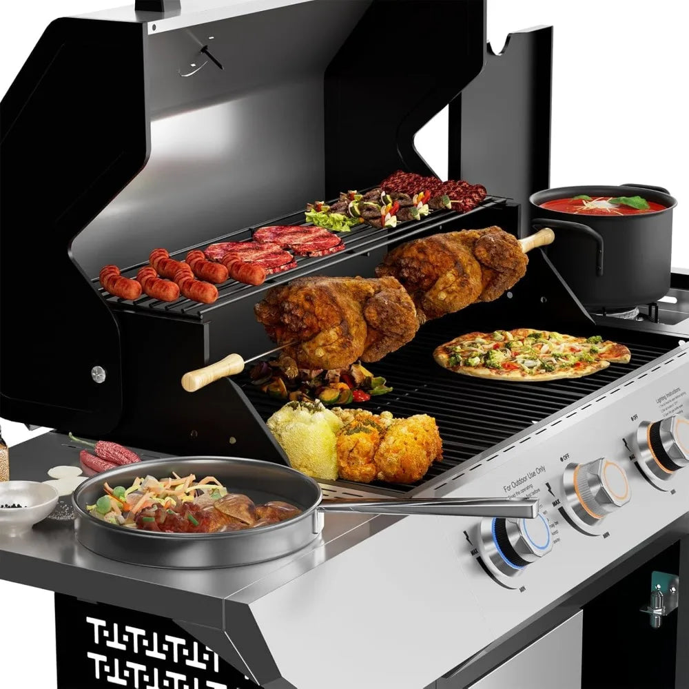 Led 4 Burner Gas Bbq Grill With Side Burner Led Knob Porcelain Enameled Cast Iron Grates 60000 Btu Stainless Steel