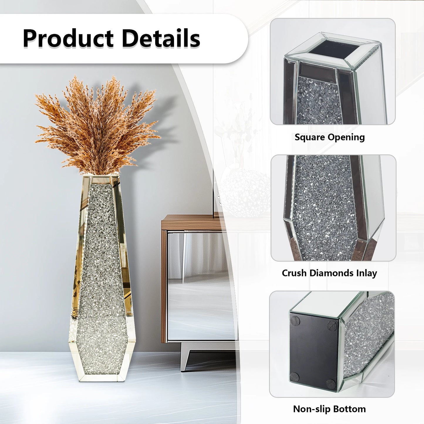2 Shapes 68CM Crushed Diamond Decorative Mirrored Floor Vase Crystal Silver Glass Flower Vase for Pampas Grass and Artificial Flowers