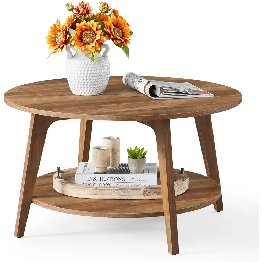 Round Coffee Table With Storage 2 Tier Honey Brown Durable