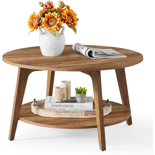 Round Coffee Table With Storage 2 Tier Honey Brown Durable