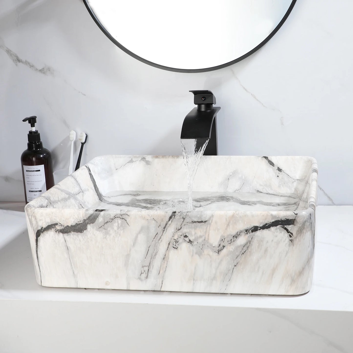 ZAPPO Black Rectangular Vessel Sink with Faucet and Drain