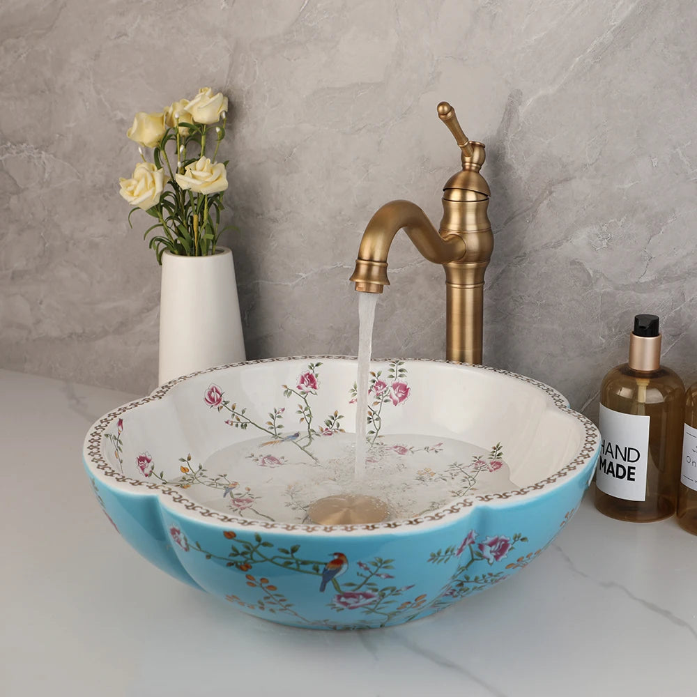 ZAPPO Ceramic Sink Above Counter Round Petal Pattern Faucet