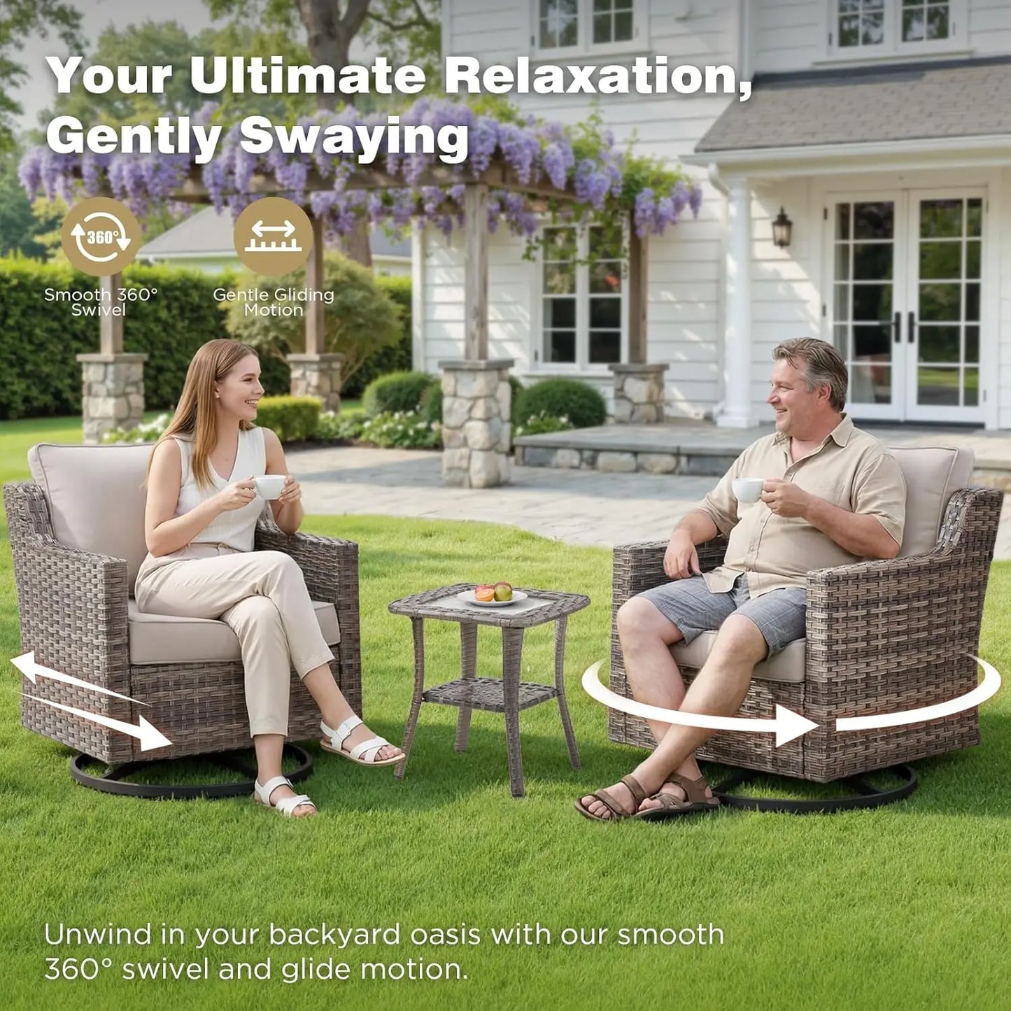 Swivel Rocker Wicker Chairs And Side Table Set All Weather Outdoor 3 Piece Beige
