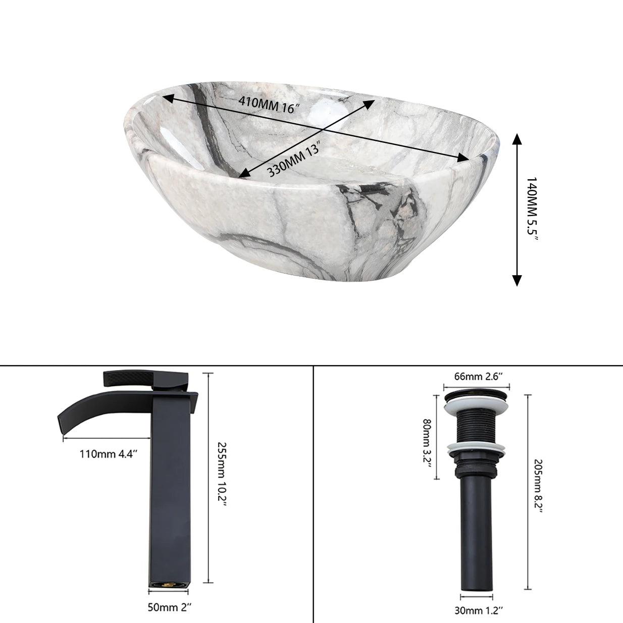 ZAPPO Marbling Rectangle Vessel Sink With Faucet Drain