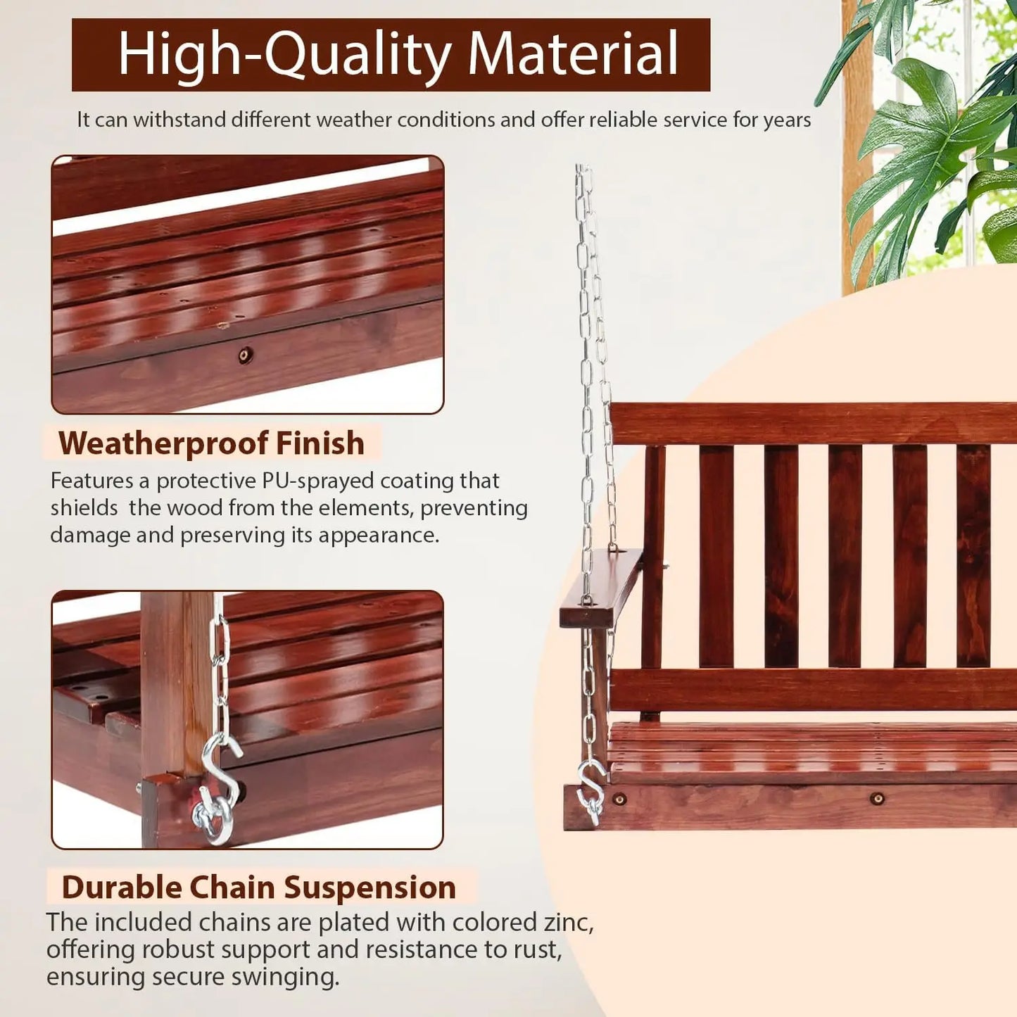 4 Ft Outdoor Wooden Porch Swing Bench 800 Lbs Capacity Adjustable Chains Patio