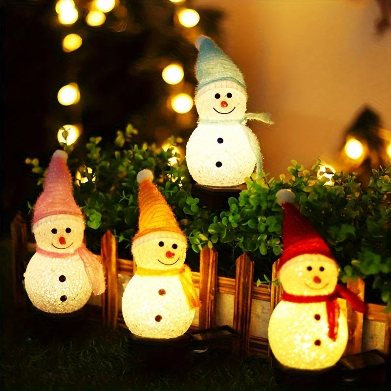 Solar Powered Snowman Lights 4-Piece Set With 1 Solar Panel Christmas Lawn LED