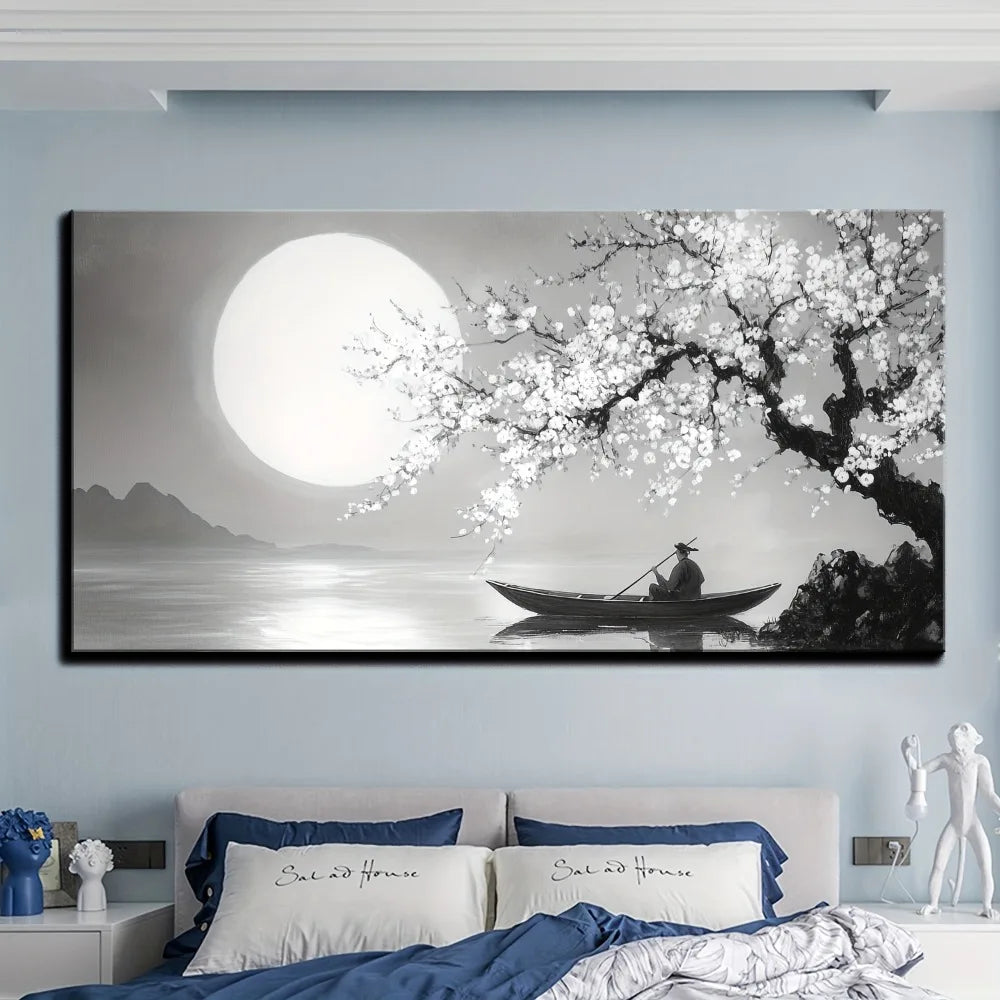 Framed Canvas Wall Decoration Paintings of Flowers Trees and Moon with 1.5 Inch Thick Pine Solid Wood Frame