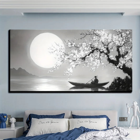 Framed Canvas Wall Decoration Paintings of Flowers Trees and Moon with 1.5 Inch Thick Pine Solid Wood Frame