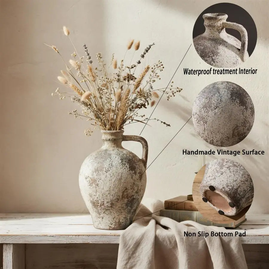 Rustic Ceramic Farmhouse Vase 8.25 Inch Terracotta Handle Vase Living Room Decor