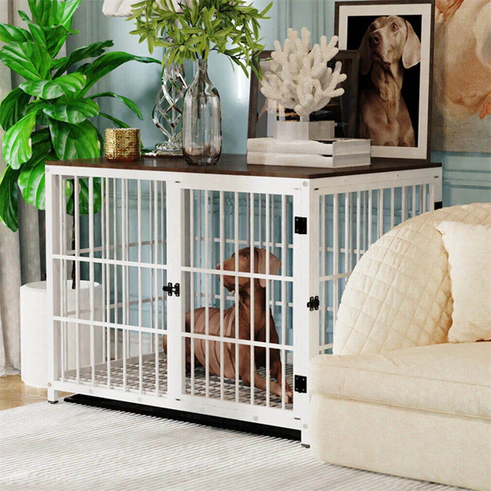 Large Wooden Dog Crate End Table Style Elevated Kennel With 3 Doors