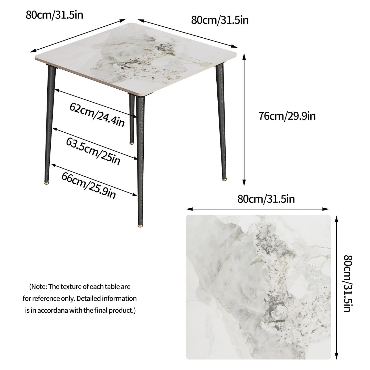Square Marble Dining Table With Metal Legs For 4 To 6 Seats