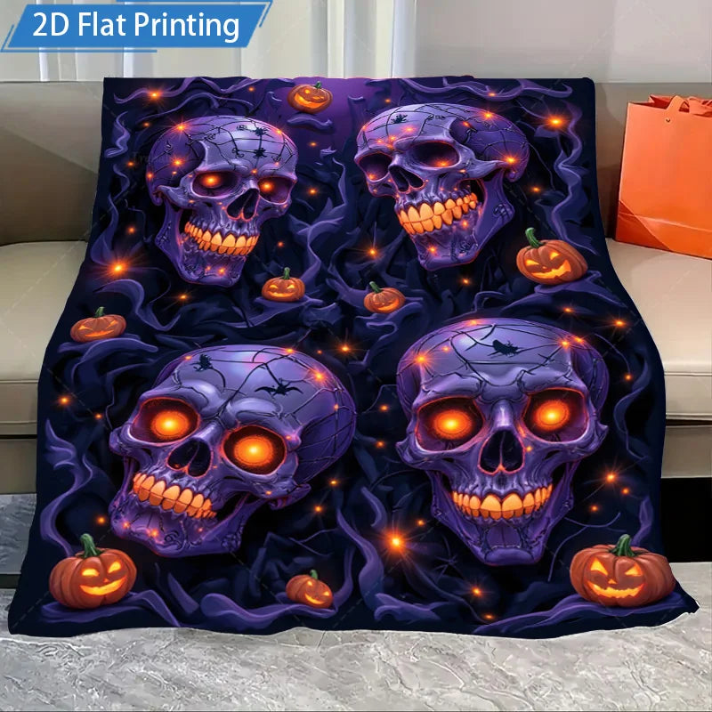 Halloween Skull Pumpkin Flannel Blanket Spooky Gothic Throw