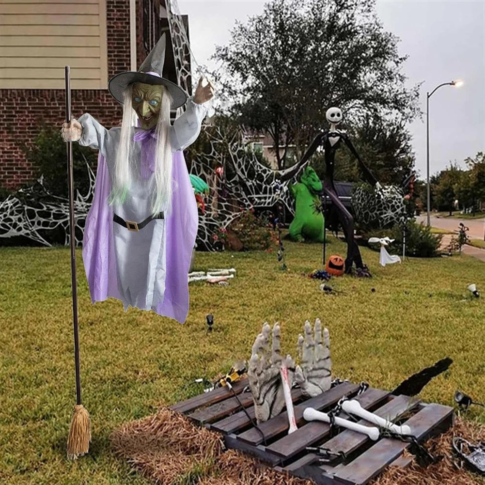 Halloween Animatronic Flying Witch On Broom Luminous Eyes