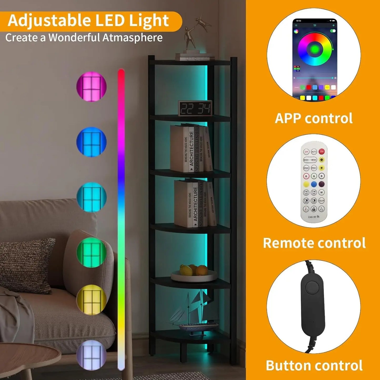 6-Tier Corner Shelf With LED Lights Steel Frame Display Stand Black