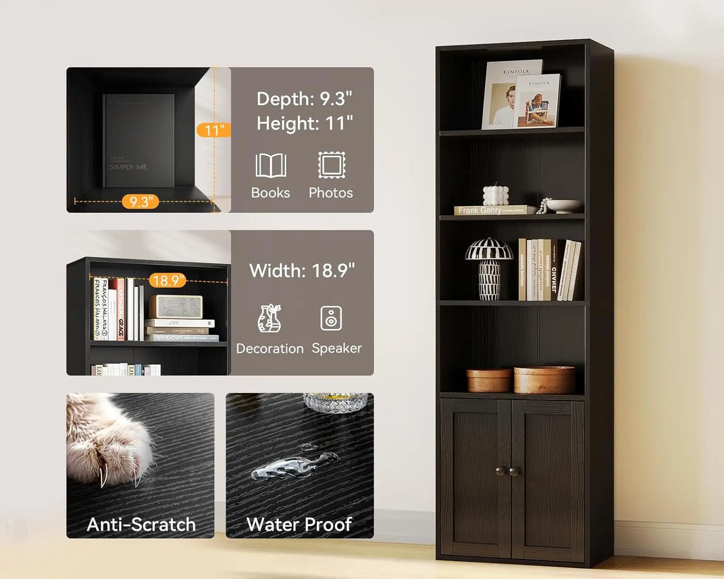 Casaottima Black 6 Tier Bookcase With Doors Floor Standing Home Office