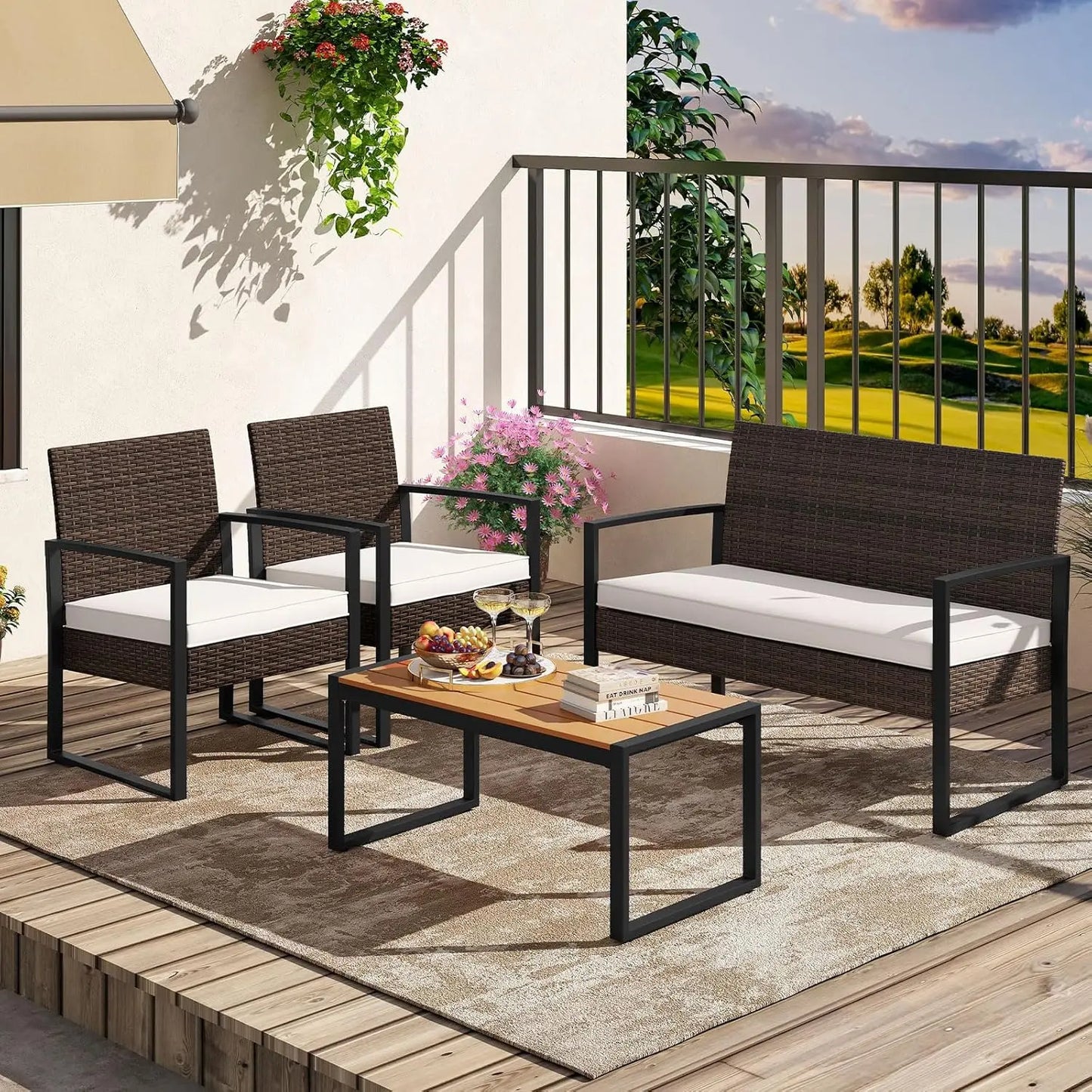 4 Piece Patio Furniture Set Rattan With Cushioned Chairs And Coffee Table