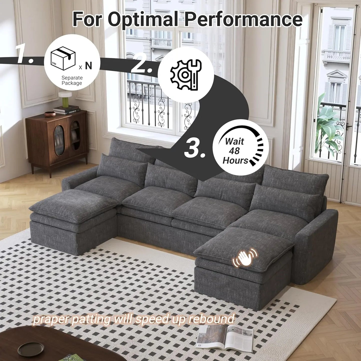122 Inch U Shaped Modular Sectional Sofa With Movable Ottoman And Covers