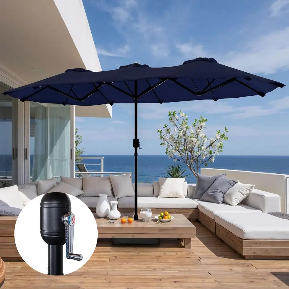 16Ft Rectangular Outdoor Patio Umbrella With Crank Double Sided Dark Blue