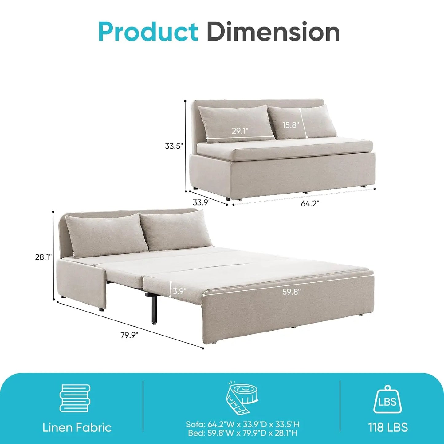 Queen Size Pull Out Sofa Bed Linen Convertible Couch With 2 Pillows For Guests