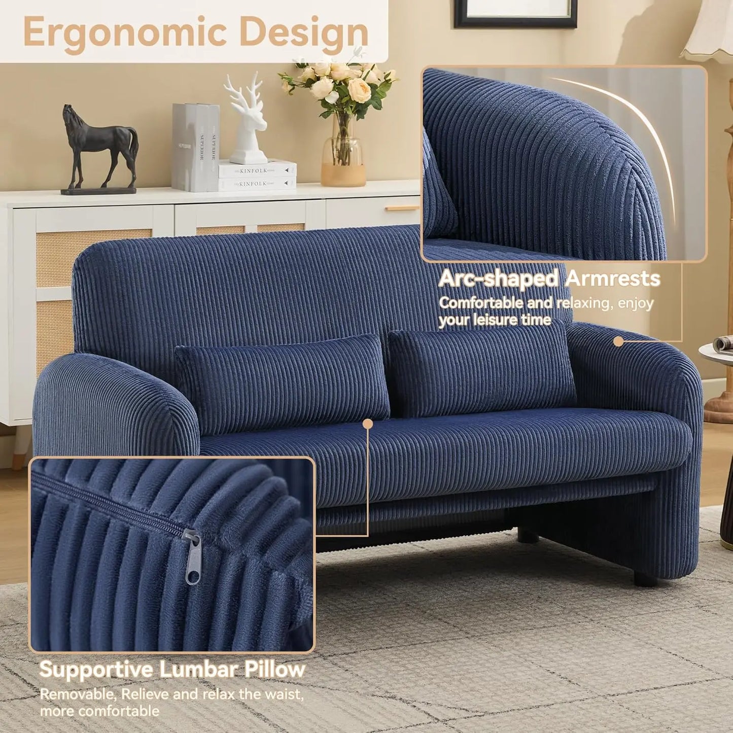 56 Inch Corduroy Loveseat Sofa 2 Seater For Small Spaces Modern Upholstered