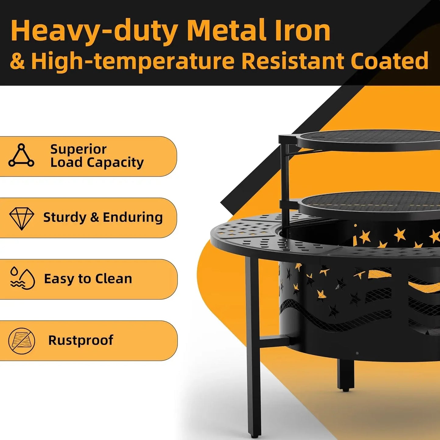 42 Inch Outdoor Fire Pit With Grills Wood Burning Large Round Heavy Duty Metal