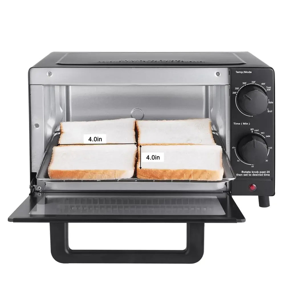 4 Slice Toaster Oven Bake Broil and Toast 9 Inch Pizza or 4 Bread Slices Quartz Heating Elements 60 Minute Timer 1050 Watt Power