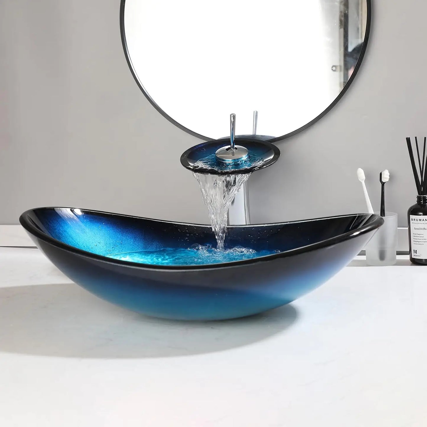 Oval Blue Glass Vessel Sink With Faucet Boat Shape