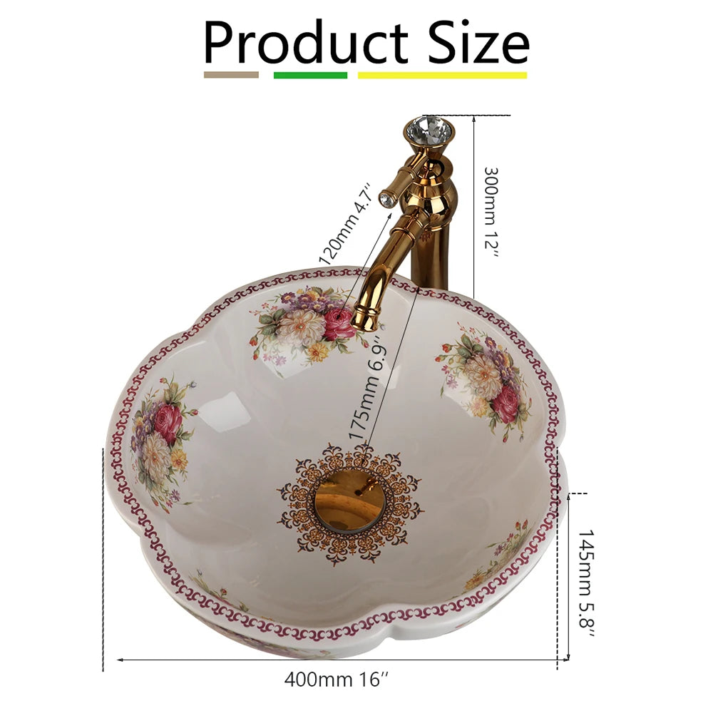 ZAPPO Ceramic Sink Above Counter Round Petal Pattern Faucet