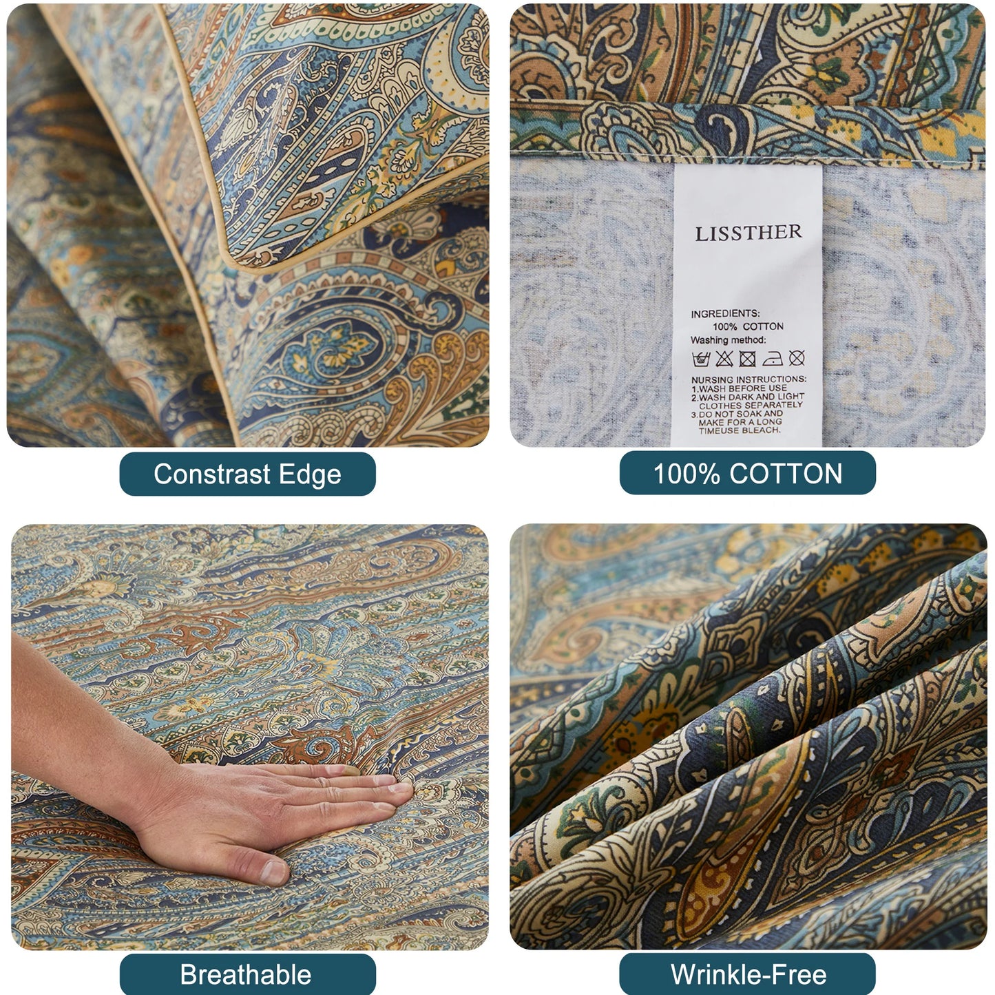 3pcs 600TC Egyptian Cotton Duvet Cover Set Bohemian Paisley