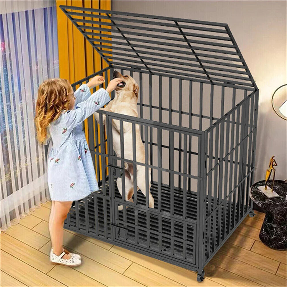 XXL Heavy Duty Dog Crate With Lockable Wheels And Tray Square Tube Metal Kennel
