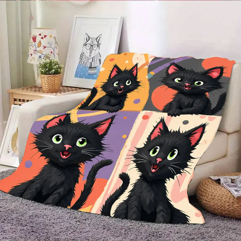 Flannel Blanket Black Cat Print Cozy Halloween Kids Decor