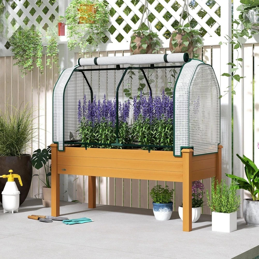 Raised Garden Bed With PE Greenhouse Cover Outdoor Elevated Planter Box
