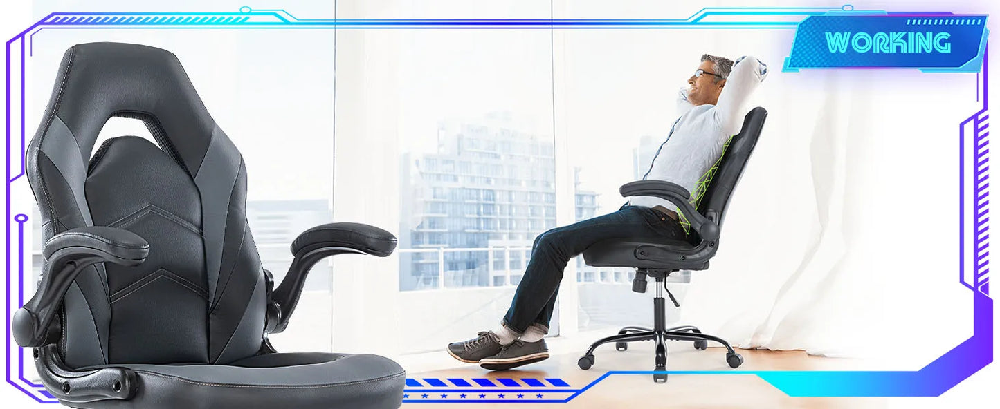 Ergonomic PU Leather Gaming Chair With Adjustable Flip Up Armrests For Office
