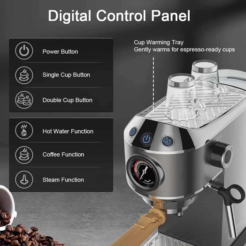 BioloMix 20 Bar Semi Automatic Powder Coffee Machine with Milk Steam Frother for Espresso Cappuccino Latte and Mocha