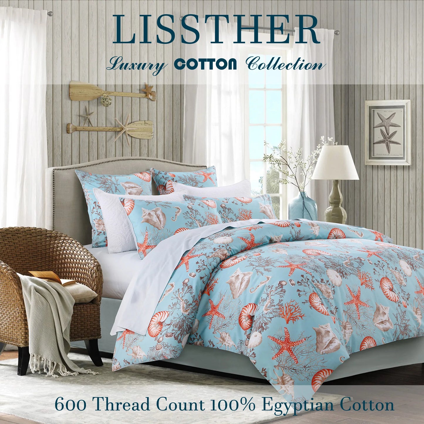3Pc 600TC Egyptian Cotton Duvet Cover Underwater Theme