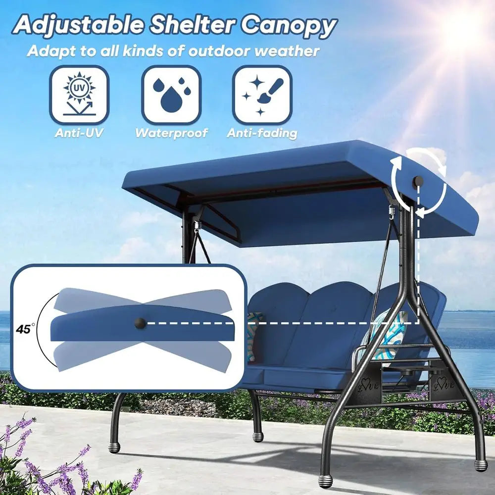 Three Seat Outdoor Swing With Stand 800lbs Capacity Two In One Swing Bed Blue