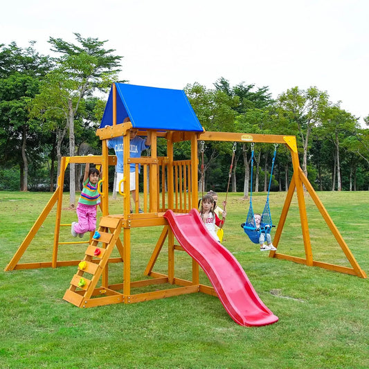 Wooden Swing Set With Monkey Bars And Wave Slide Backyard For Kids Ages 3 To 6