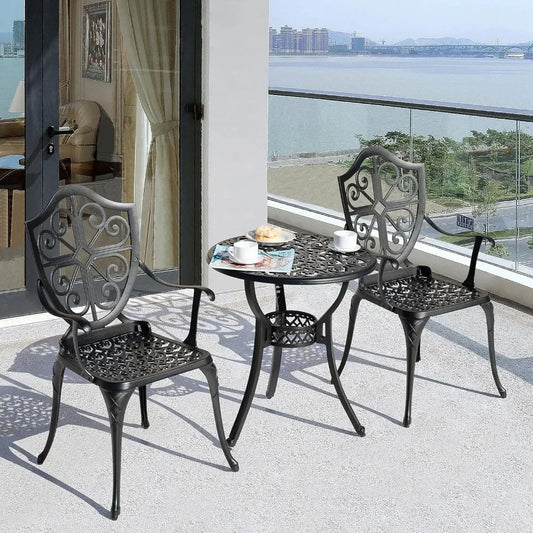 3 Piece Patio Cast Aluminum Bistro Set With Umbrella Hole Table And Chairs