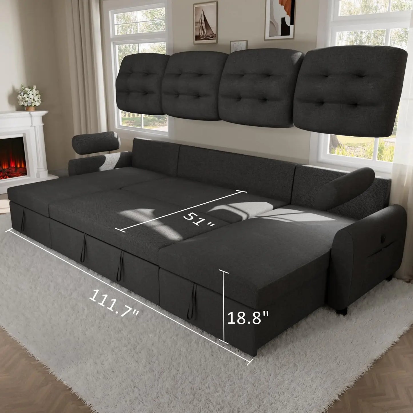 87 Inch Sleeper Sectional Sofa Bed With Storage Chaise