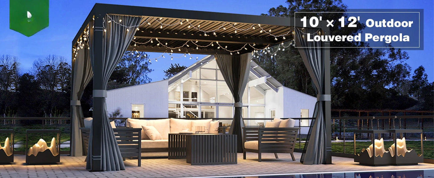 10x12 Aluminum Louvered Pergola With Adjustable Louvered Roof and Waterproof Curtains Outdoor Small Pergola
