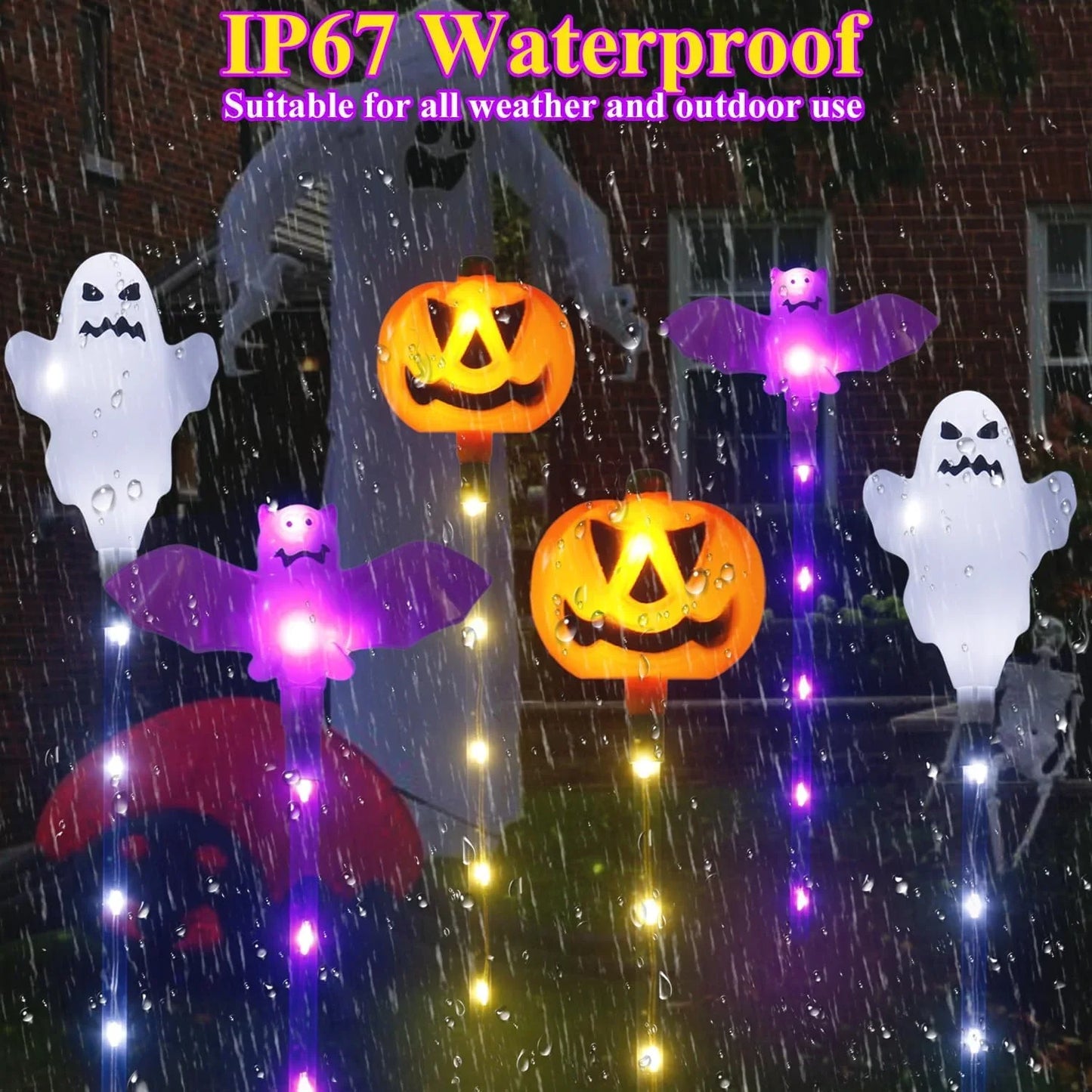 Solar Powered 8 LED Pumpkin Garden Stake Lights Halloween